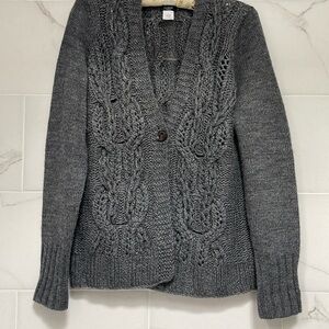 J.CREW HANDKNIT CARDIGAN GRAY BUTTON FRONT V NECK CABLE KNIT SZ L